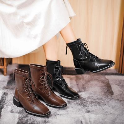 Brown Martin Boots Women's British Style Lace-up Square Head Mid-heel 2025 New Women's Boots Fashion Mid-tube Thick Heel Short Boots