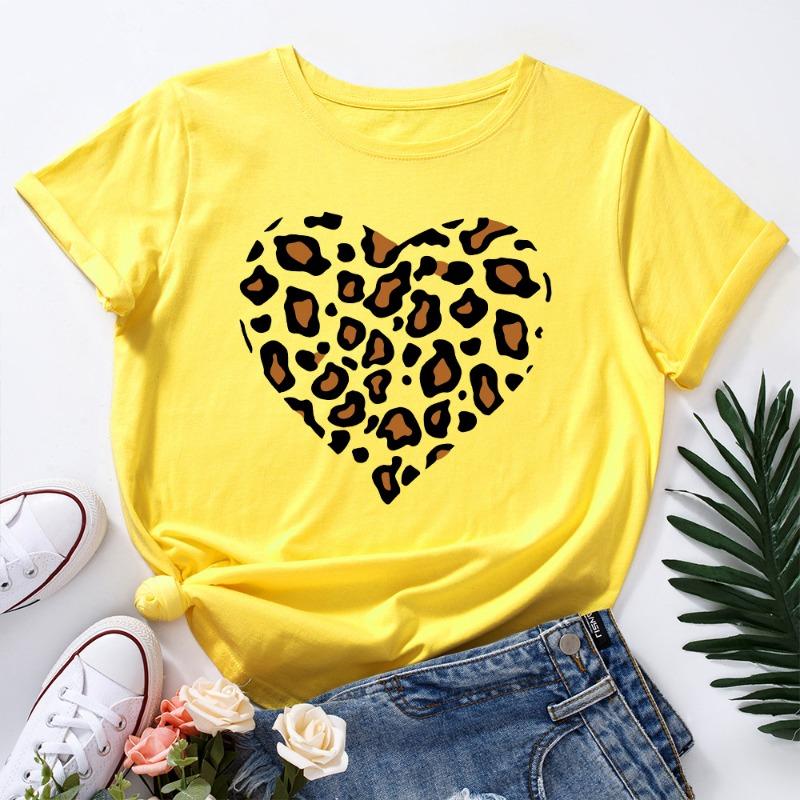 Zomer Dames Bedrukte Luipaardprint Hartvormige Losse Ronde Hals Puur Katoen Korte Mouw T-shirts Dames
