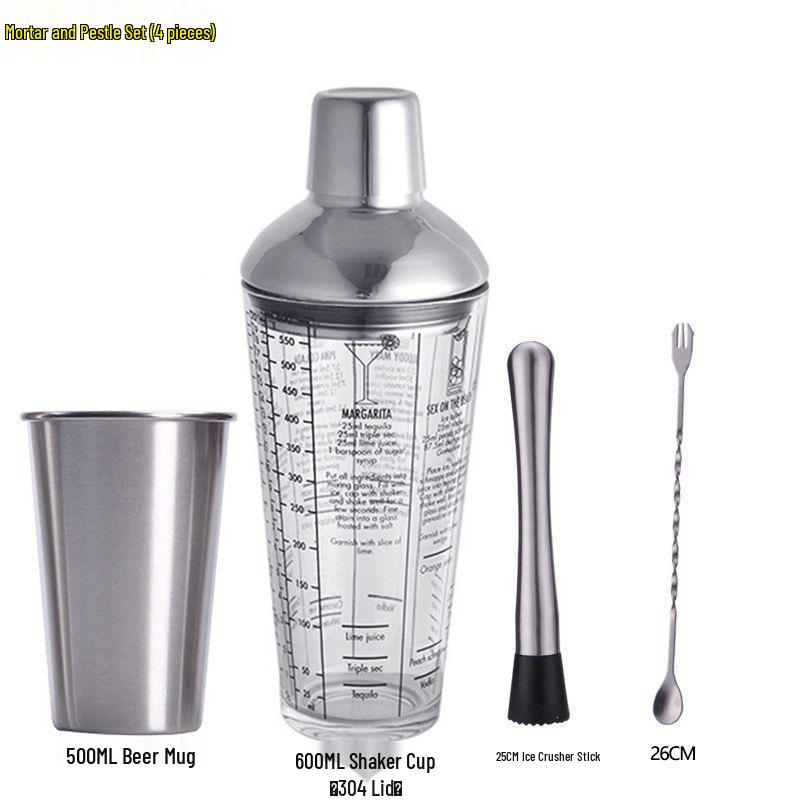 Glass Cocktail Shaker Set: Hand-Shaking Cup, Muddler, and 304 Stainless Steel Measuring Tools