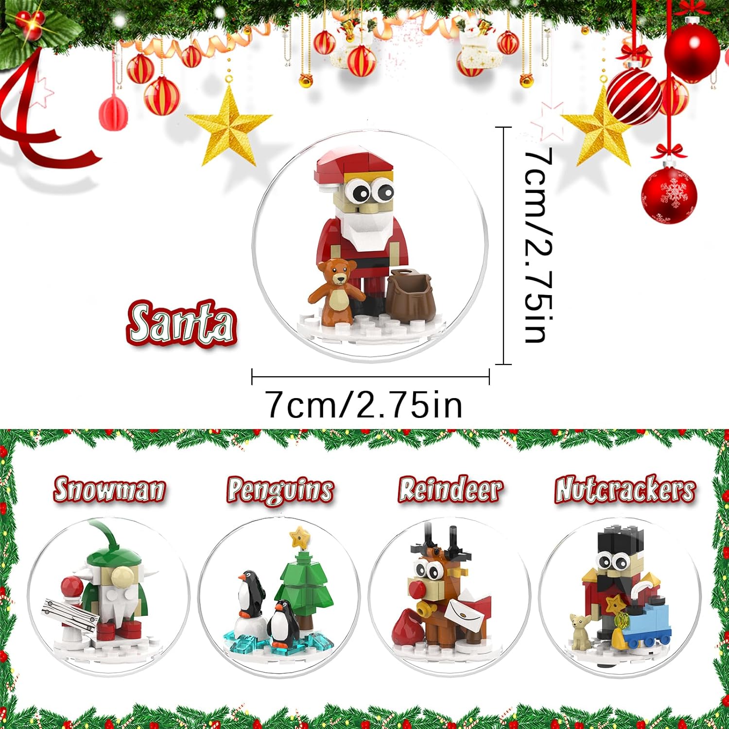 Christmas Tree Ornaments Building Blocks Christmas, 2025 Christmas Decorations Ball Toys Included Santa Reindeer Nutcracker Gnome Penguin, Xmas