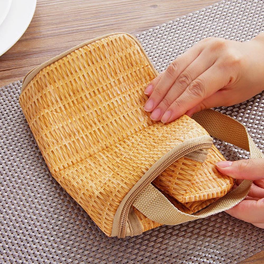 Straw Woven Waterproof Insulated Thermal Bento Bag Insulated Lunch Tote Bag for Travel Picnic Women Lunch Box Natural Pastoral