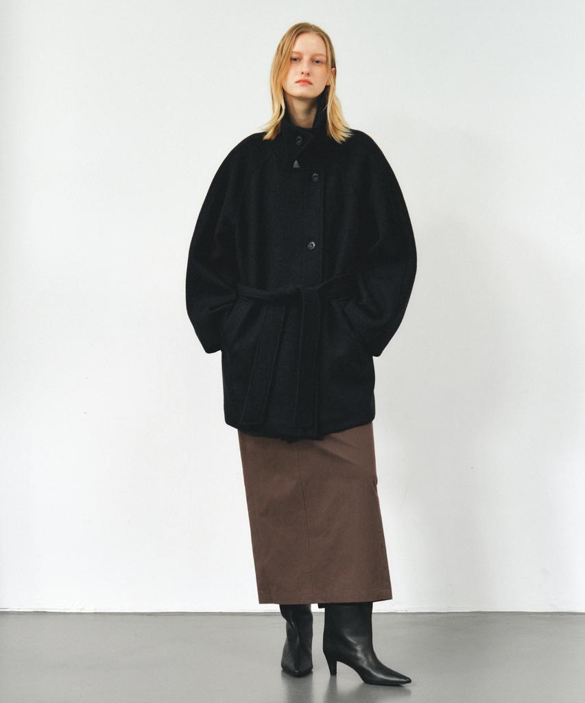 AENTE Wool Belted Half Coat - Navy