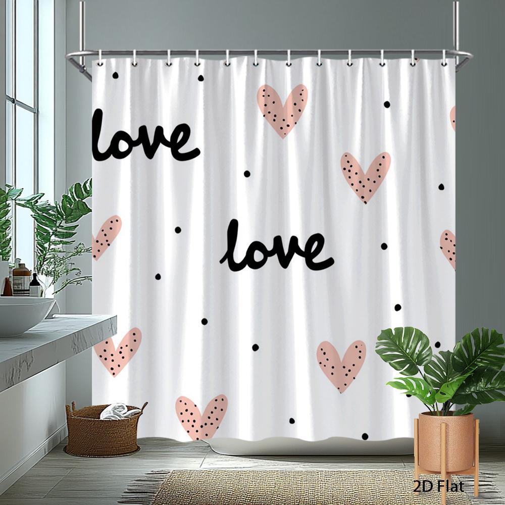 1Pc Heart-Patterned Polka Dot Shower Curtain, Polyester Fabric, With Hooks, Machine Washable, Suitable For Bathroom Dcor.