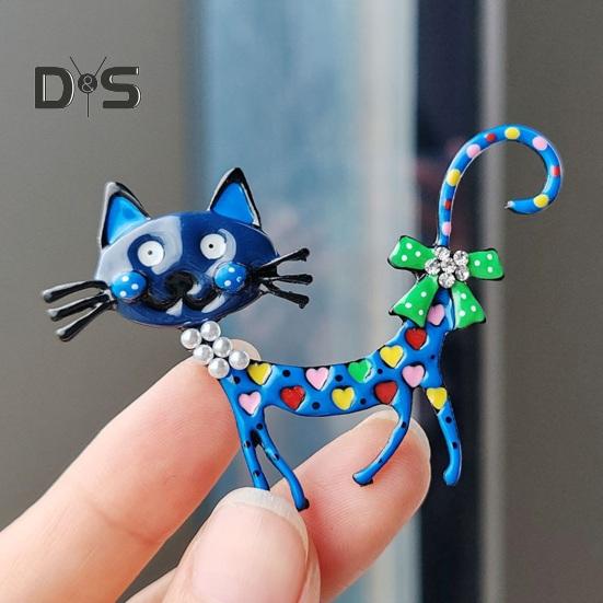 Adorable Cat Shape Brooch Colorful Enamel Faux Pearl Rhinestone Pin Suit Lapel Badge Casual Accessories