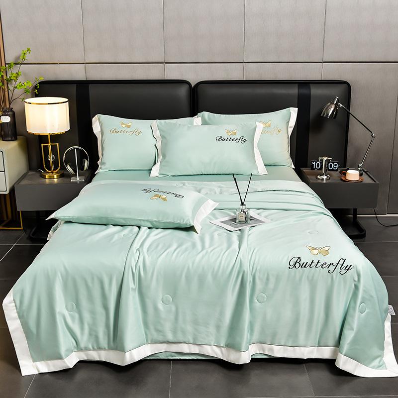 New Washed Ice Silk Embroidered Summer Quilt Four-Piece Summer Quilt Simple Solid Color Air Conditioning Quilt Summer Cool Quilt