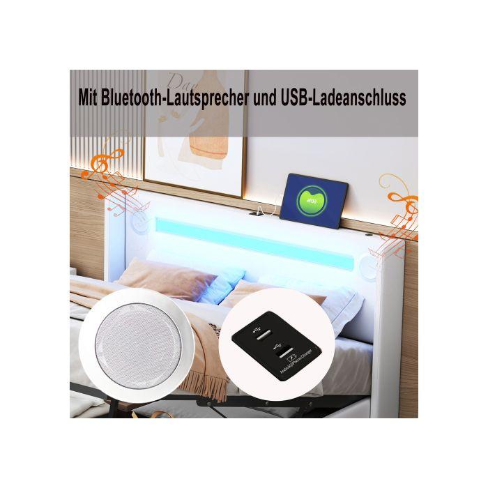 Lit rembourré - MUVOE - 140x200 - Bandes LED - Bluetooth - Chargeur USB