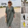 Women Dress V Neck Button Decor Long Sleeve Loose Solid Color Plus Size Mid-calf Length Simple Style Commute Daily Wear Midi Dress