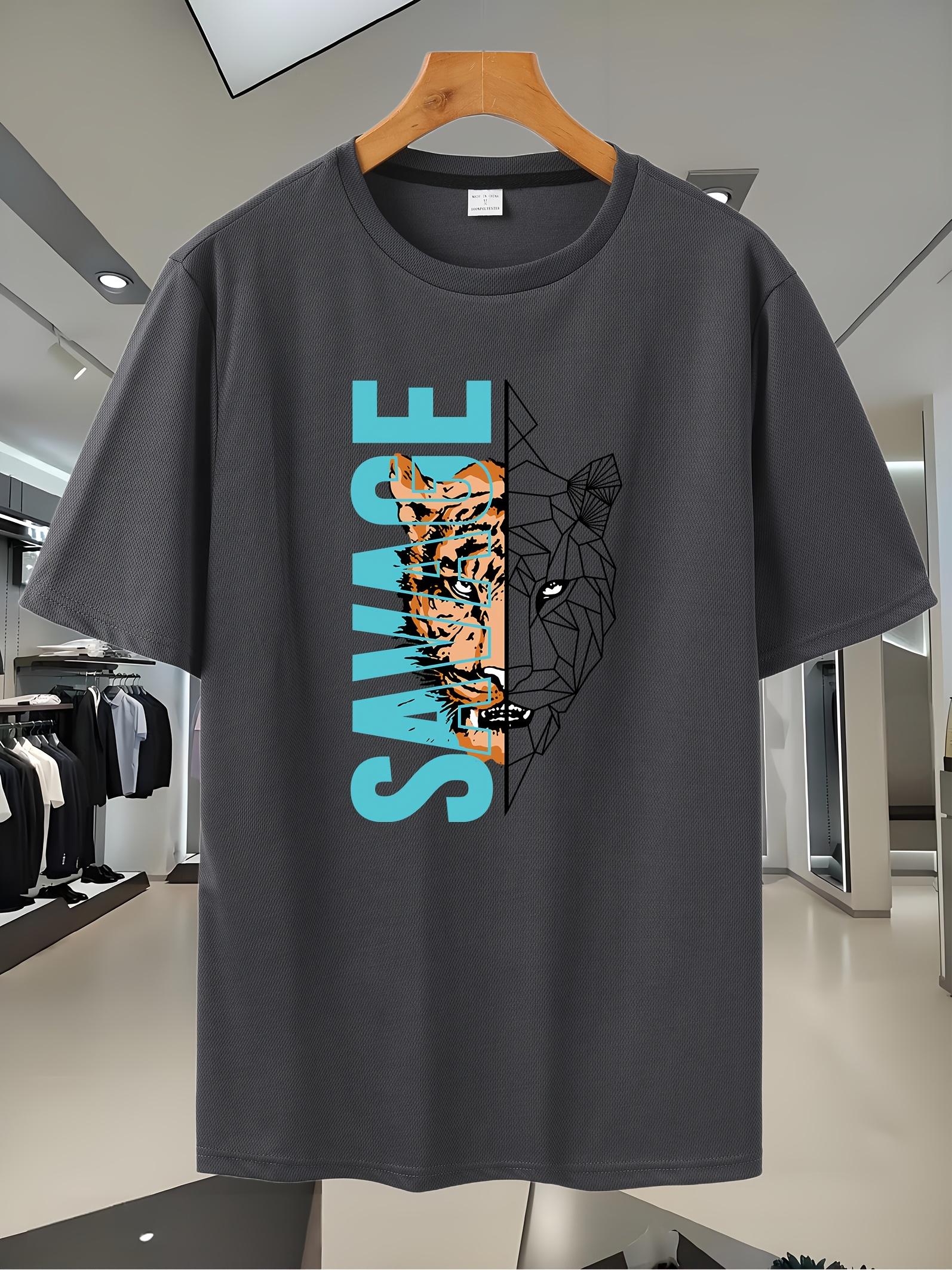 Breathable Mesh Sport T-shirt with Tiger Graphic & SAVAGE Print - Dark Grey/Orange/Blue Casual Short Sleeve Tee for Gym S