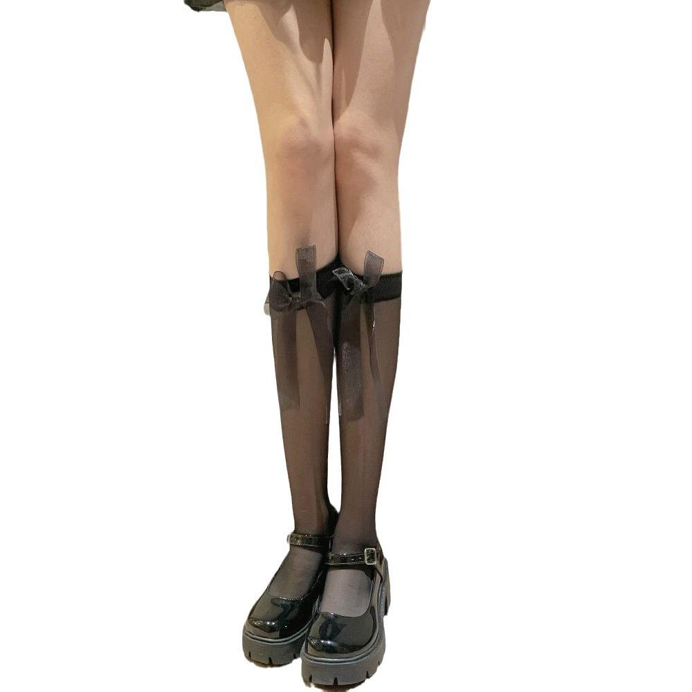 Solid Color Bow Calf Stockings Women'S Thin Transparent Lace Half Tube Socks Sexy Black Silk Jk Knee Socks