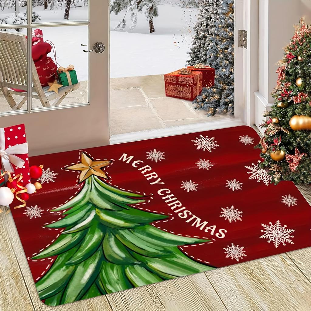 Christmas Snowflake Letter Star Tree Doormat, Machine Washable Flannel Rug with Back Glue for Indoor Outdoor Multi-Room Decor