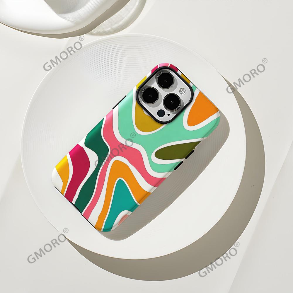American Retro Color Wavy Pattern Apple 16 Mobile Phone Case 15pm Two-in-one Film Case iPhone17pm Anti-drop