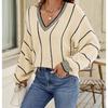 New Autumn and Winter Knitted Sweater Women's Top V-neck Contrasting Color Striped Pullover Loose Sweater Women