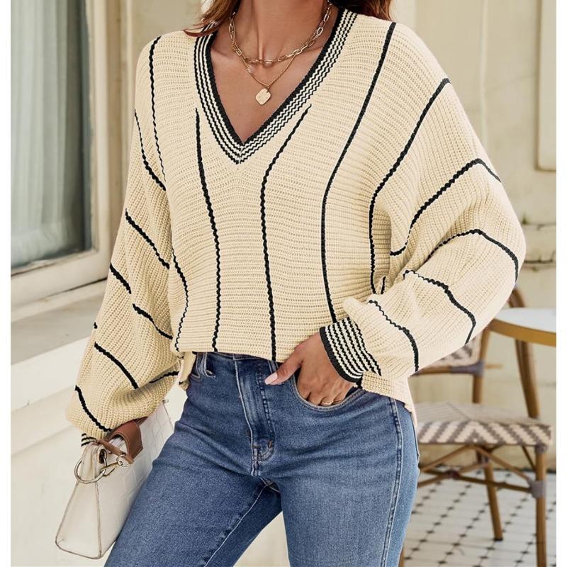 New Autumn and Winter Knitted Sweater Women's Top V-neck Contrasting Color Striped Pullover Loose Sweater Women
