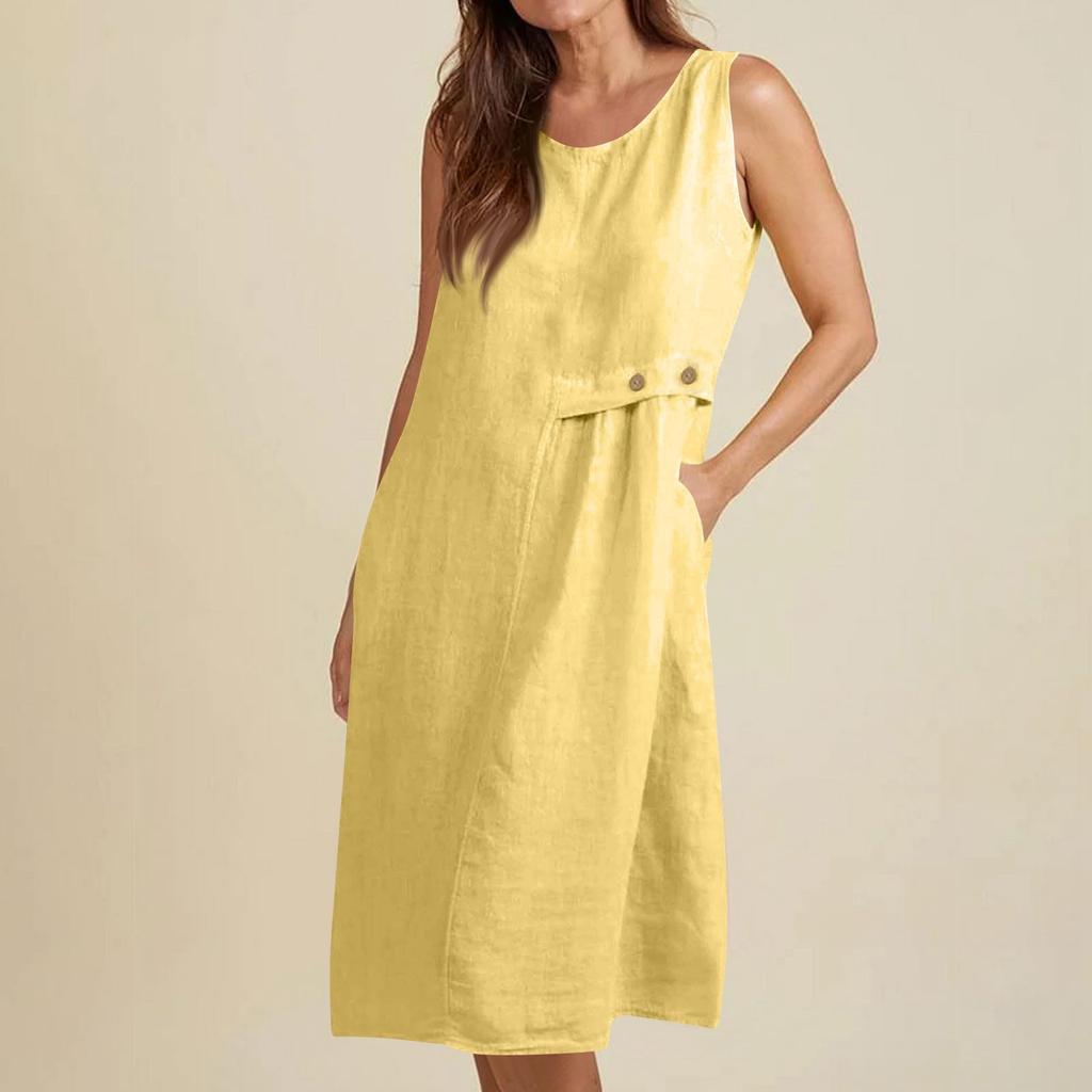 Women's Fashionable Solid Color Round Neck Button Pocket Loose Sleeveless Vest Dress