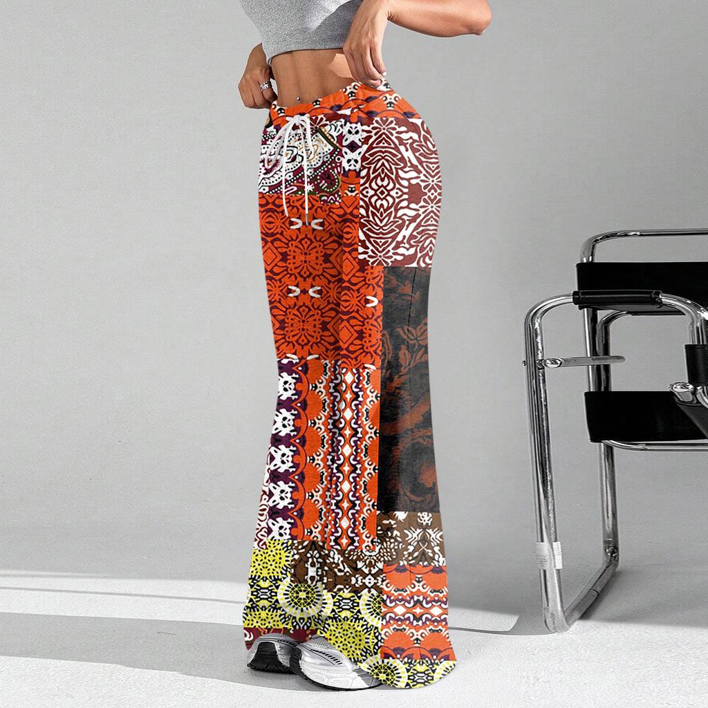 Women's Fashion Loose Drawstring Waist Retro Printed Casual Sports Pants Casual Flared Pants