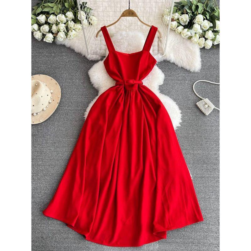 Red Dress Women 2025 New Arrival French Style Temperament Square-Neck Cinched Mid Length Long Length Large Swing Fancy Halter Skirt