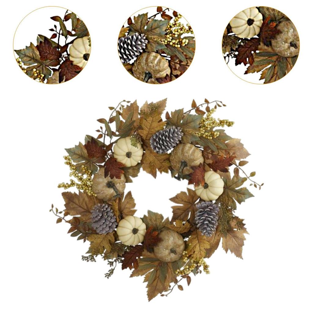 17.72inch Fall Wreath for Front Door Round with White Pumpkin for Holiday Indoor and Outdoor Living Room Housewarming Festival