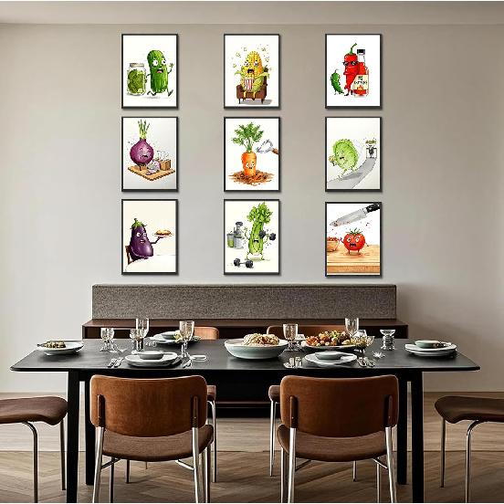9Pcs Funny Weird Kitchen Wall Art Cute Cool Colorful Food Vegetable Painting Picture Wall Decor Whimsical Pickle Eclectic Food Art Poster Print