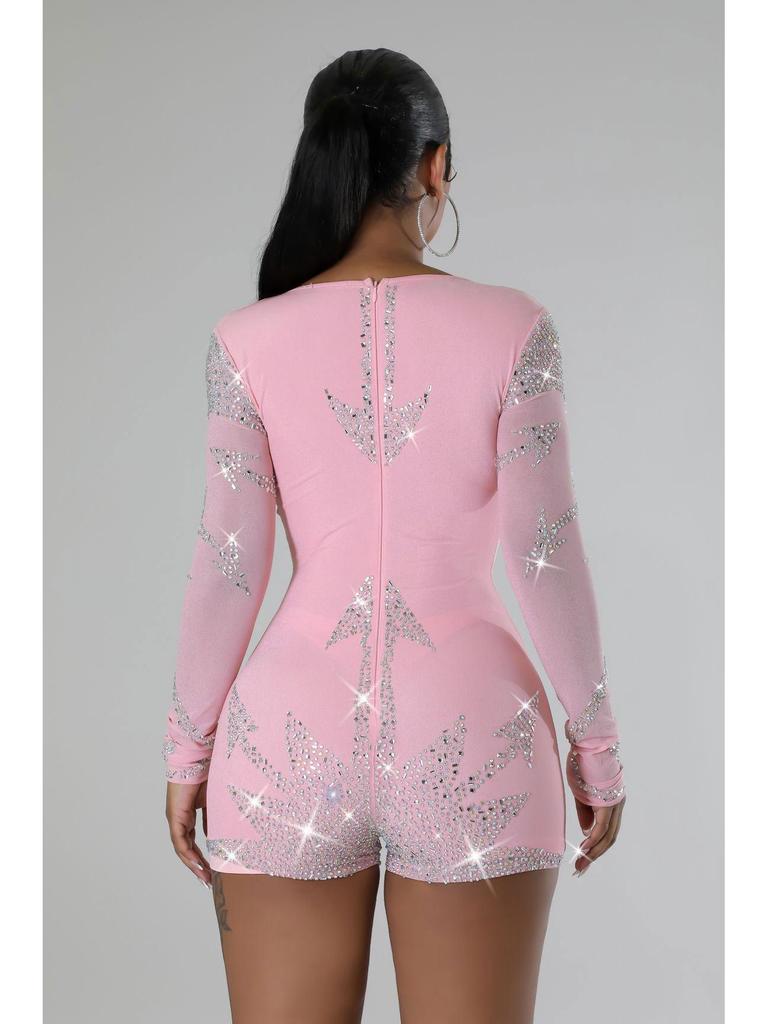 K2900 Rhinestone Elastic Long Sleeve Jumpsuit