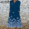 QICED Elegant Women Dresses V Neck Short Sleeve Button Party Dress Female Summer Vintage Print Dress Casual Loose Floral Ladies Dresses