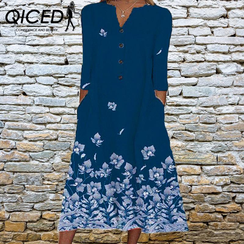 QICED Elegant Women Dresses V Neck Short Sleeve Button Party Dress Female Summer Vintage Print Dress Casual Loose Floral Ladies Dresses