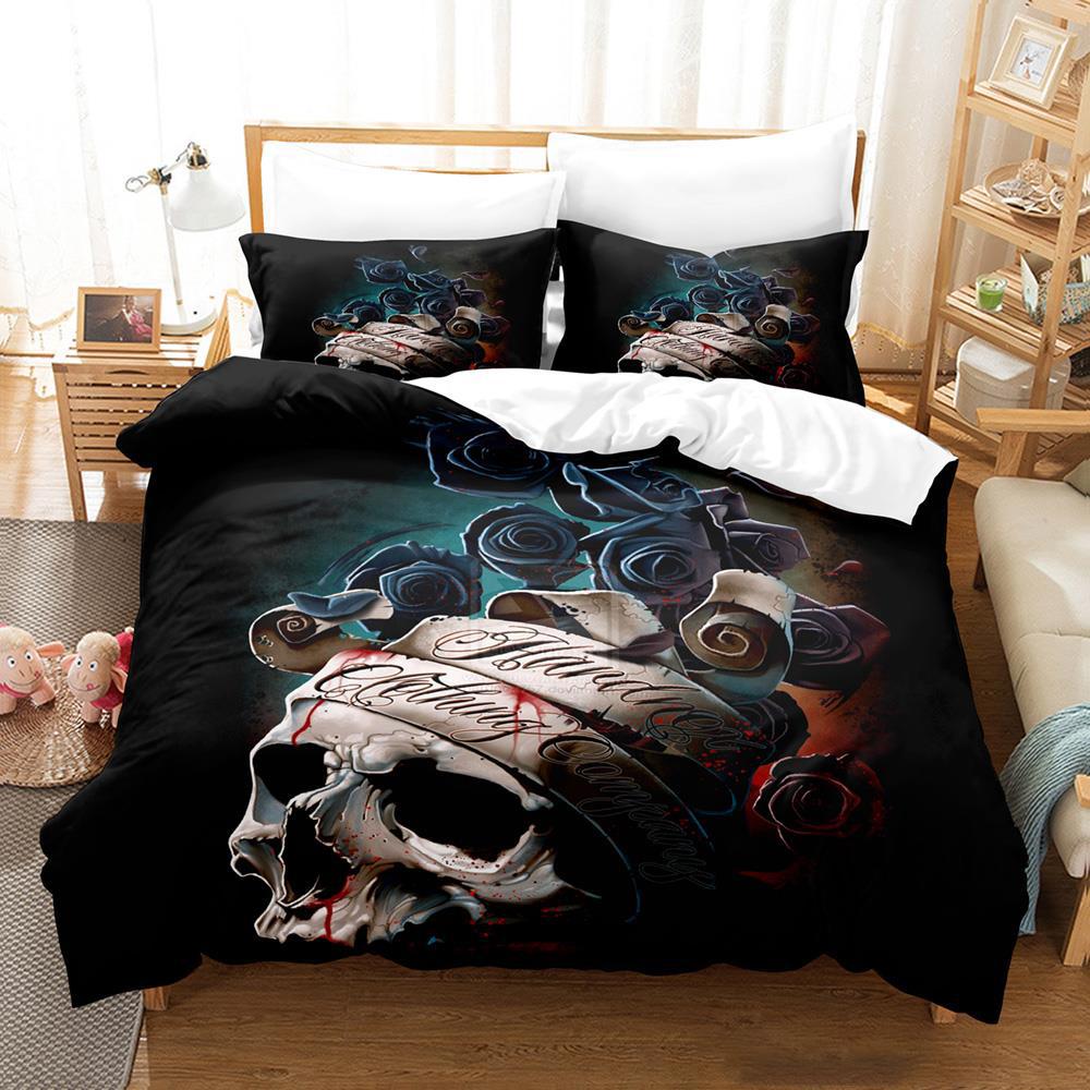 Roses and Skulls All Season Twin Bedding Set Single Twin Full Queen King Size Bed Set Aldult Kid Bedroom Duvetcover Sets Anime
