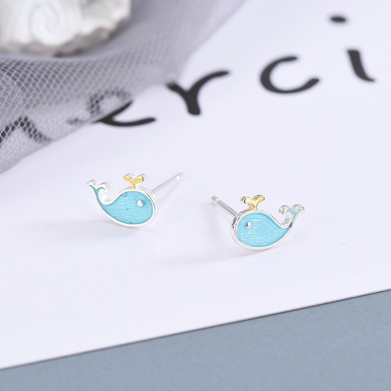 Japanese & Korean S925 Silver Blue Whale Earrings for Girls