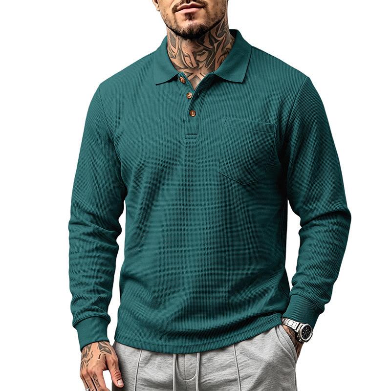 Men S Waffle Knit Long Sleeve Polo Shirt Casual Autumn