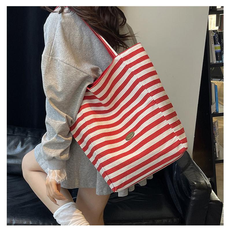 Fashion Striped Double-Sided Use Canvas Women's Shoulder Bags Casual High Capacity Ladies Handbags Summer New Beach Travel Slack Lazy Large Tote Bag