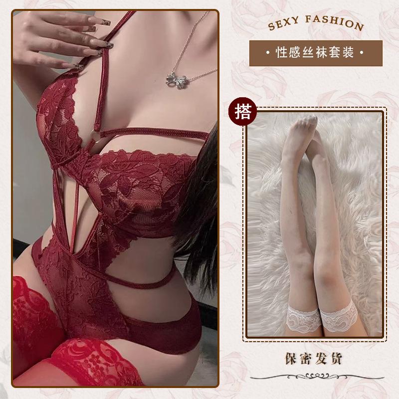 Hollow and thin sexy underwear sexy onesie temptation strap perspective lace free purple n