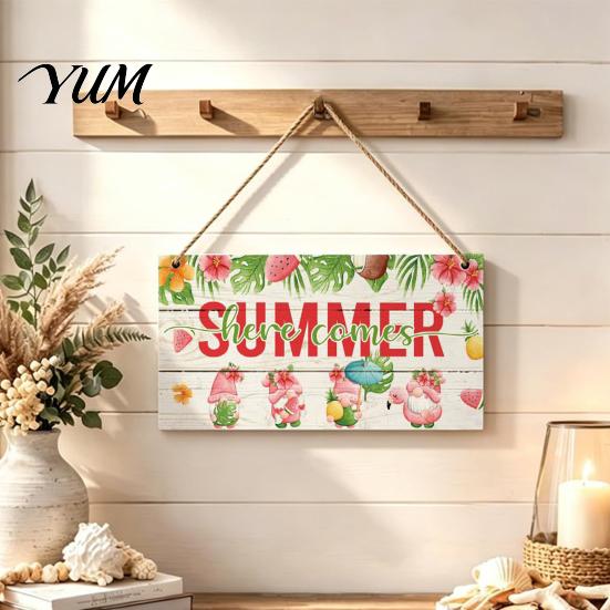 Coastal Home Decorations Summer Wooden Hanging Sign, Beach Theme Welcome Sign Front Door Decor with Wall Rope, Colorful Hanger for Seasonal Farmhouse