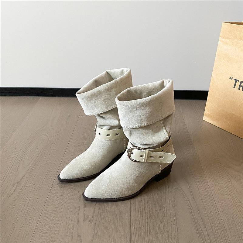 Suede Retro Mid-Tube Pointed Boots Autumn Belt Buckle Knight Booties Mid-Heel Pleated Western Cowboy Pile Boots
