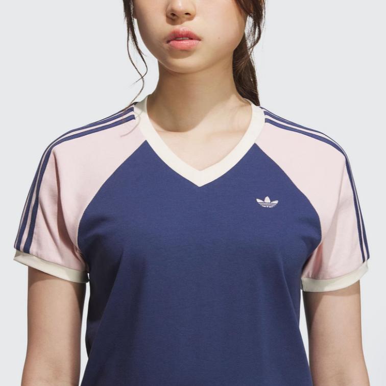 Adidas Originals Classic Fashion Simple Versatile Short Sleeve Raglan T-Shirt Women Tops Dark-Indigo Light-Pink KF0315