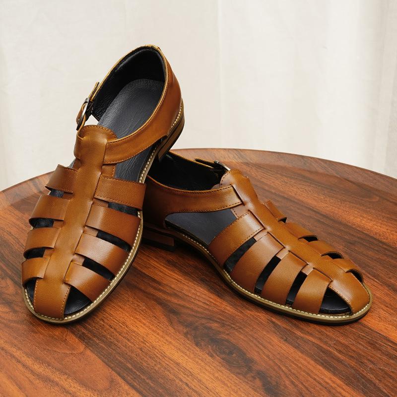 2025 New European and American Men's Genuine Leather Casual Flat Cowhide Sandals, Large Size