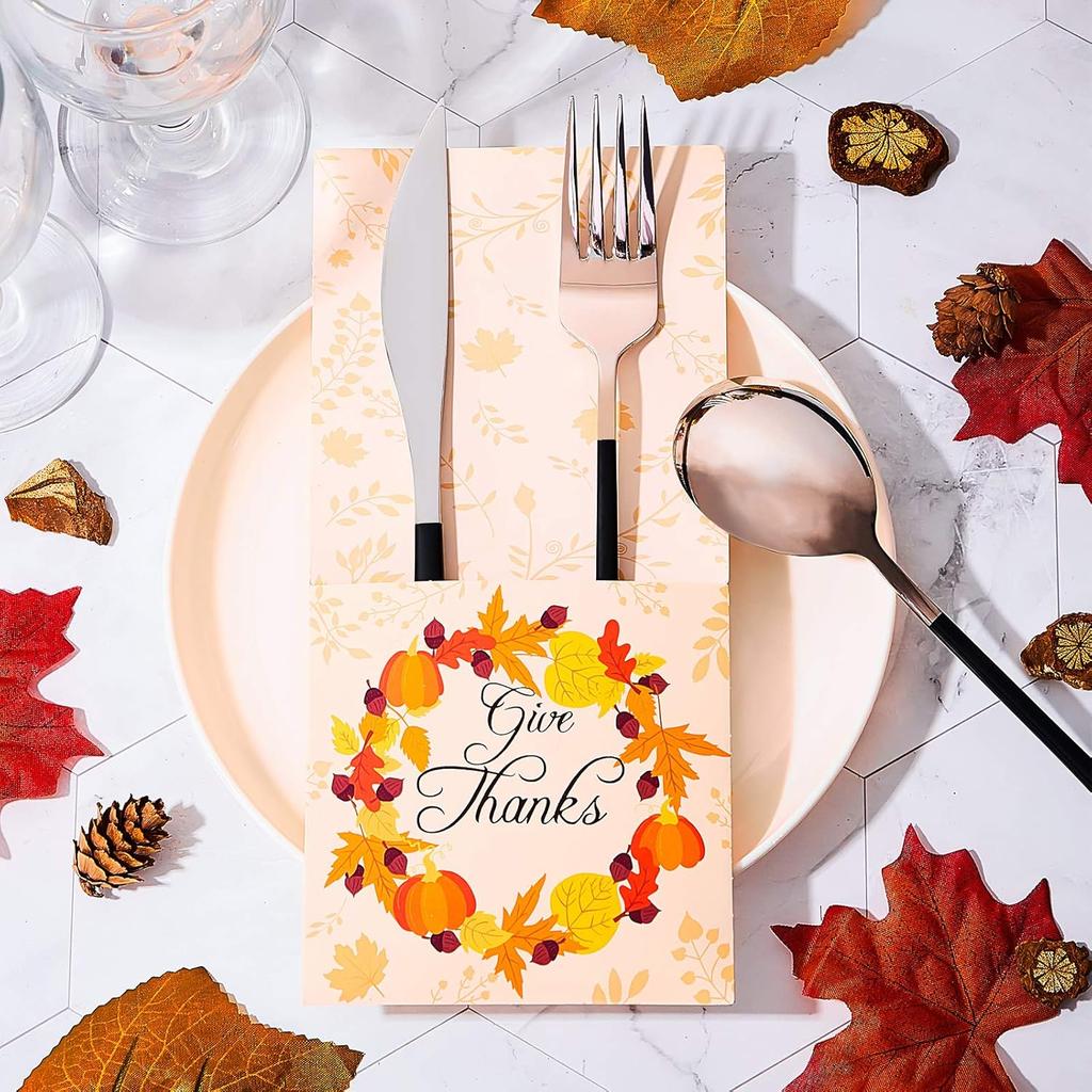 36 PCS Thanksgiving Silverware Cutlery Holders Thanksgiving Utensil Decor Fall Decor for Home Thanks Maple Leaf Silverware Paper Pouch Fall Harvest