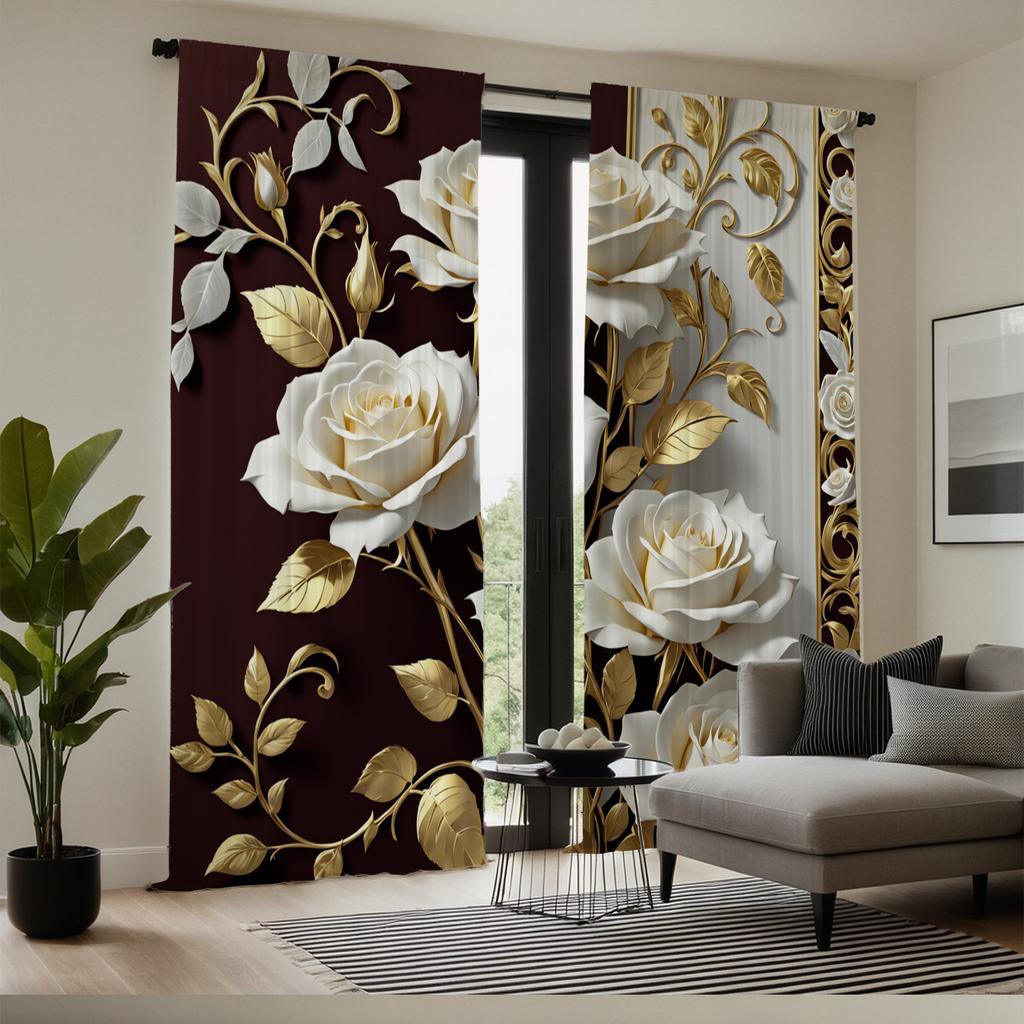 White Rose Gold Leaf Curtains Hd Print Pocket Rod Top Living Room Bedroom Study Polyester Decor Sheer Made Of Great Window Treatment