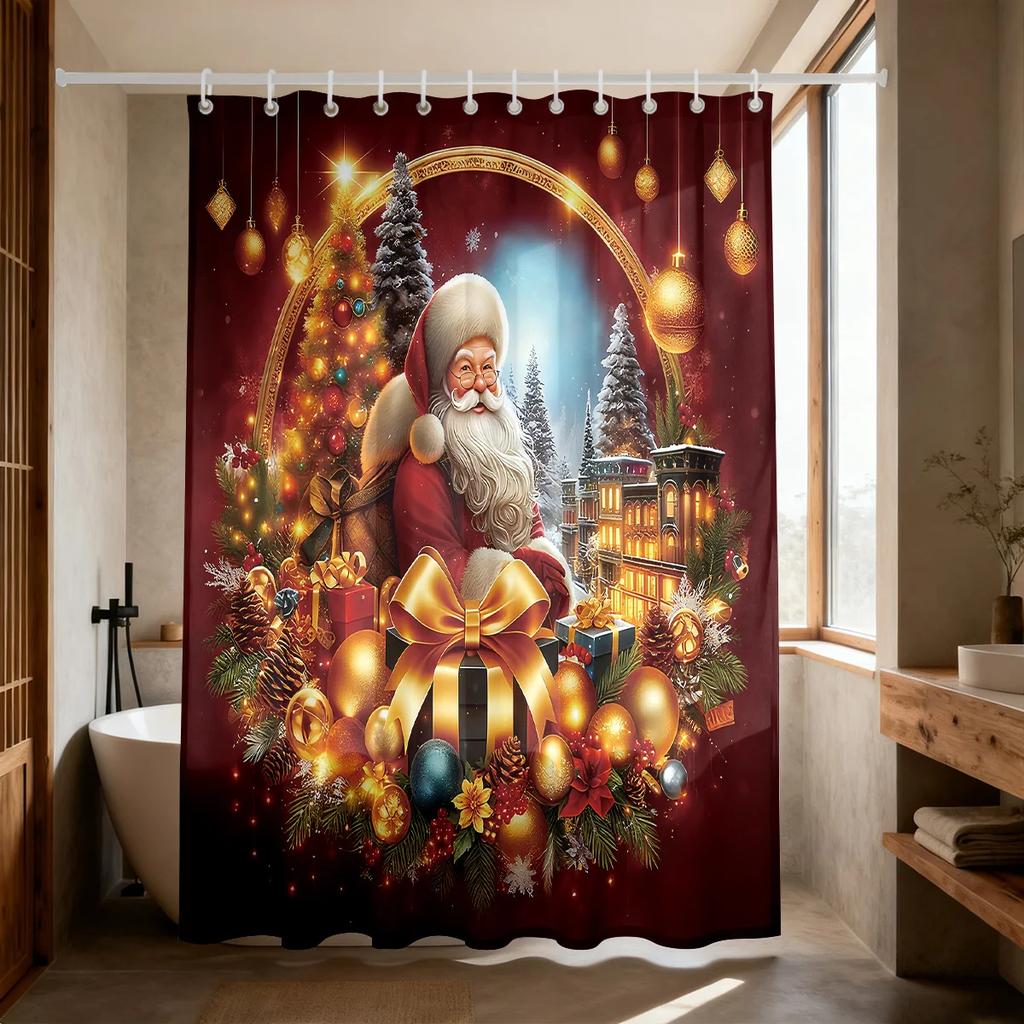 GAE1pc Santa Claus print waterproof shower partition privacy hanging curtain 12 hooks multi size decoration machine washable
