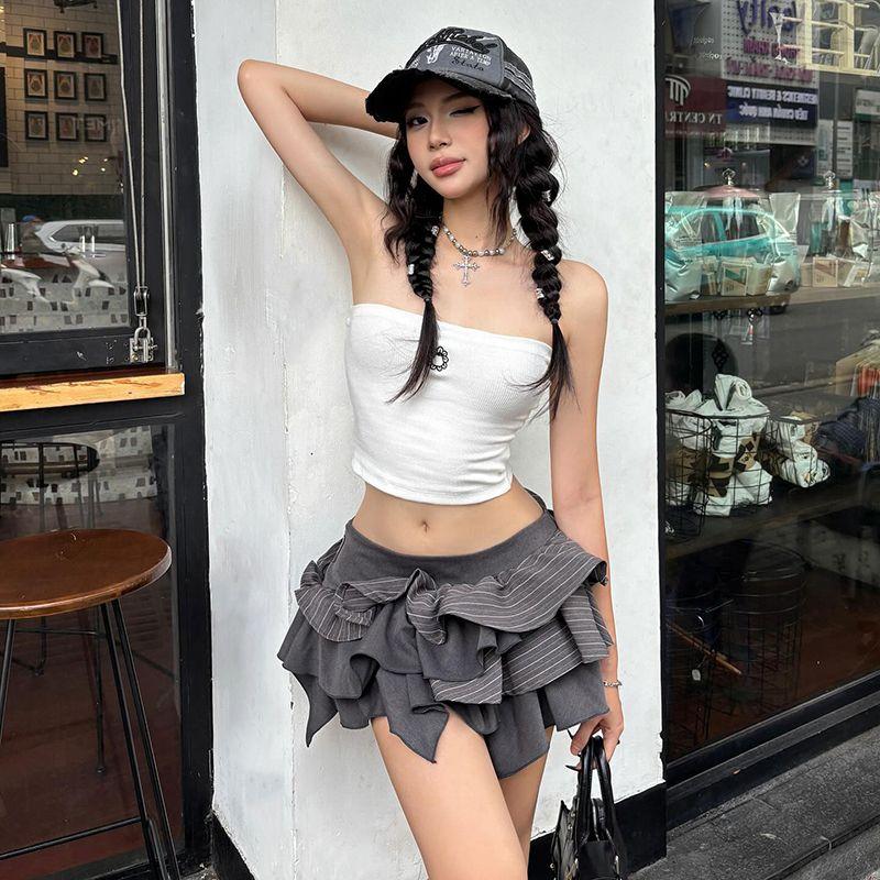 

# Sisjuly# Sweet Cool Girl Irregular Stripe Stacking Skirt Women Summer Sweet Cake Puffy Miniskirt Grey S