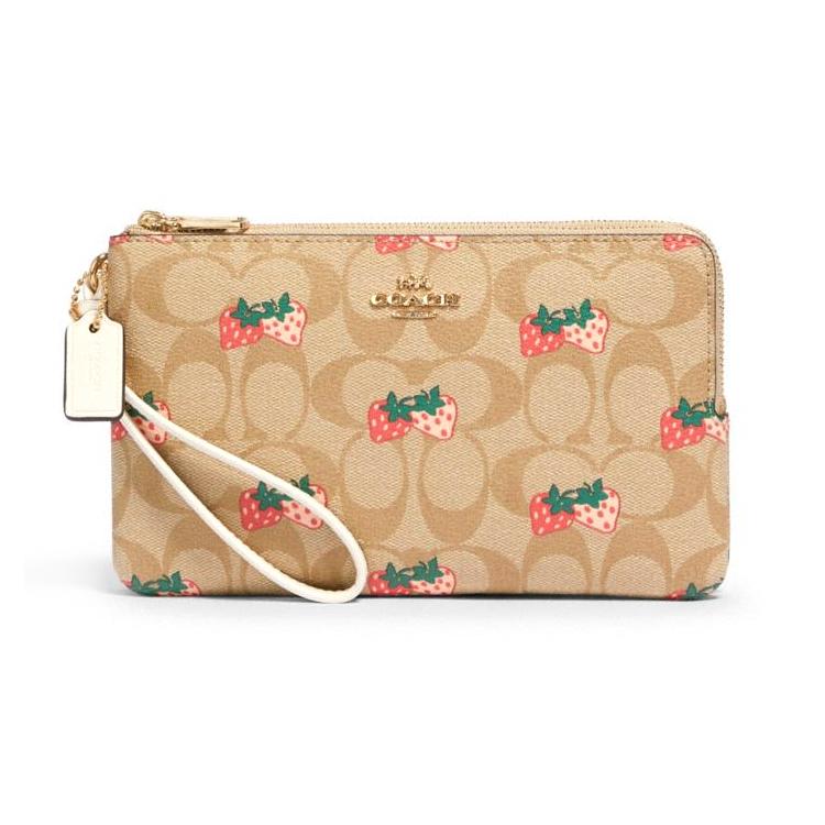 New COACH Double Zip Wallet Coated Canvas With Smooth Leather Clutch Wallet Women's Light Khaki 91835-IME7V