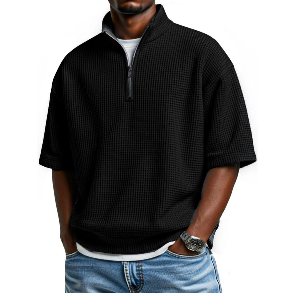 Men’s Waffle Knit Short Sleeve Half Zip Pullover Casual Loose Fit Lightweight Stand Collar Top Shirt
