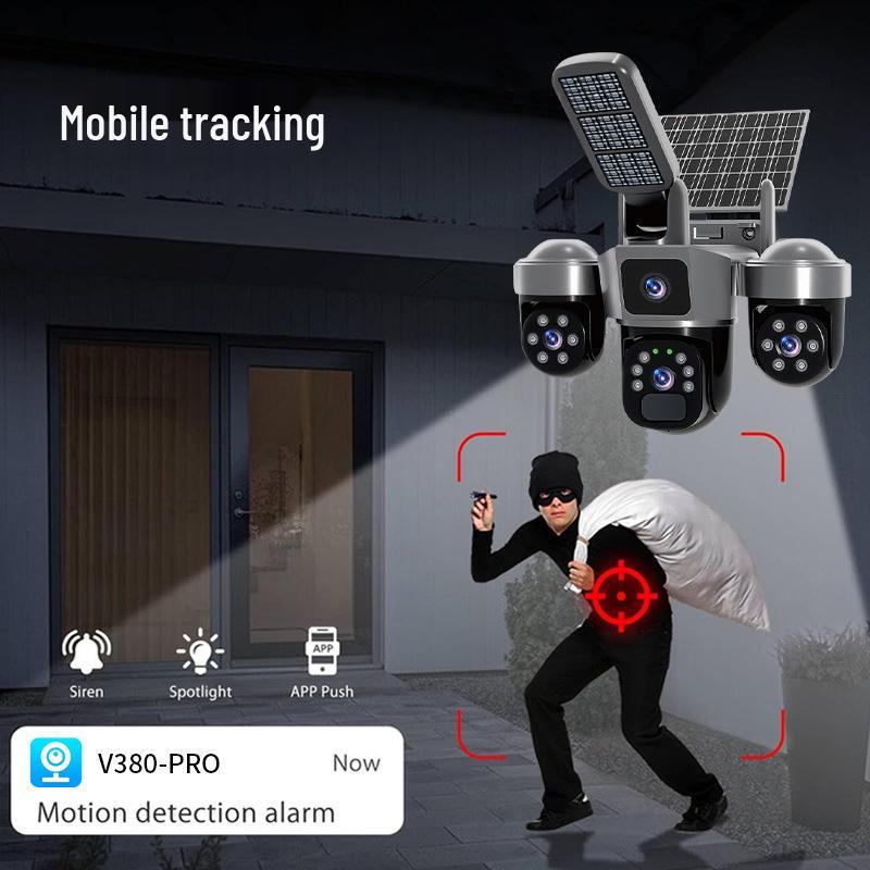 4G Solar LED Three-Lens Security Camera with Motion Alarm and WiFi
