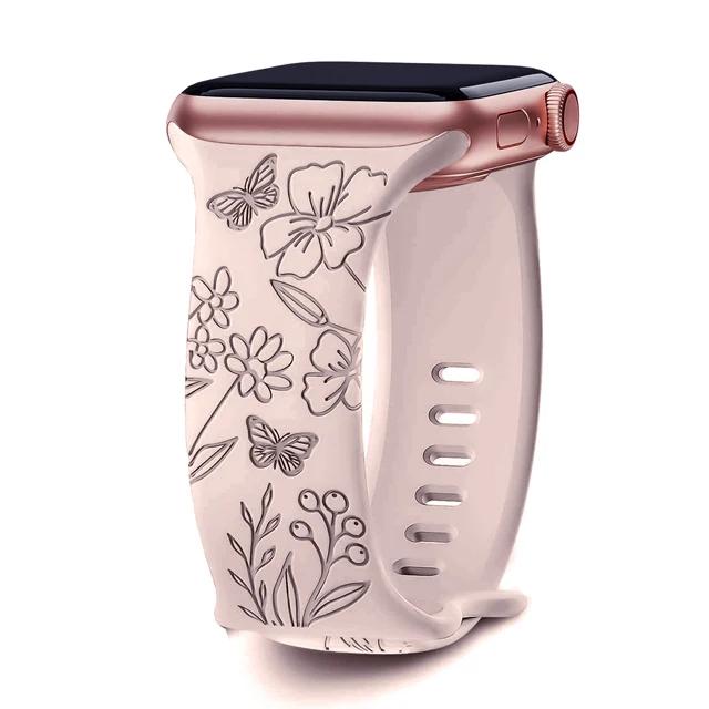 Floral Engraved Strap For Apple Watch Band 40mm 44mm 41mm 49mm 45mm 38mm 42mm Silicone Bracelet Iwatch Series 9 7 Se 6 8 Ultra 2