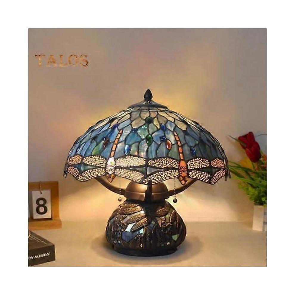Dragonfly Table Lamp Handmade Stained Glass Style Resin Desk Night Light Retro Bedside Table Lamp for Bedroom Living Room Study