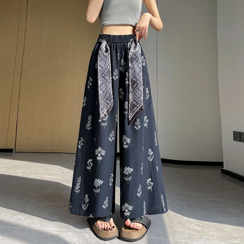 Women High Waist Floral Printed Loose Wide Leg Casual Cropped Pants S