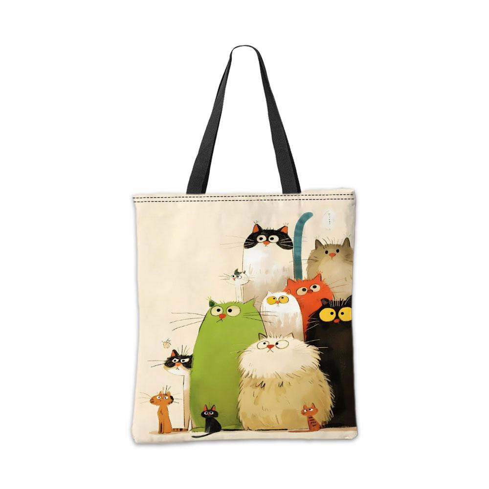 Whimsical Cartoon Cats Tote Bag Makeup Pouch Practical Combination Shopping Storage Bag Floral Art Handbag Travel Camping