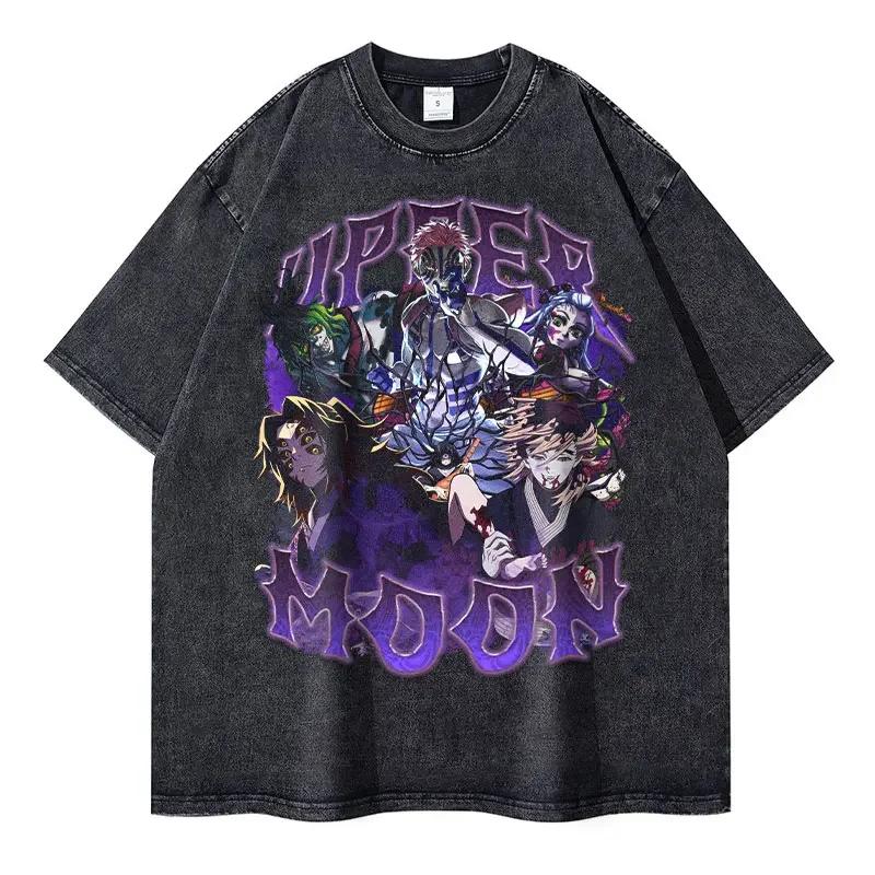 Nezuko T Shirts Vintage Washed Anime Kimetsu No Yaiba T-shirt Oversized Short Sleeve Demon Slayer Mitsuri Tokitou Tops Tees Men