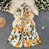 French Fashion Elegant Printed Dress Women's Summer Strap Waist Skinny Lapel Short Sleeve Shirt Long Dress
