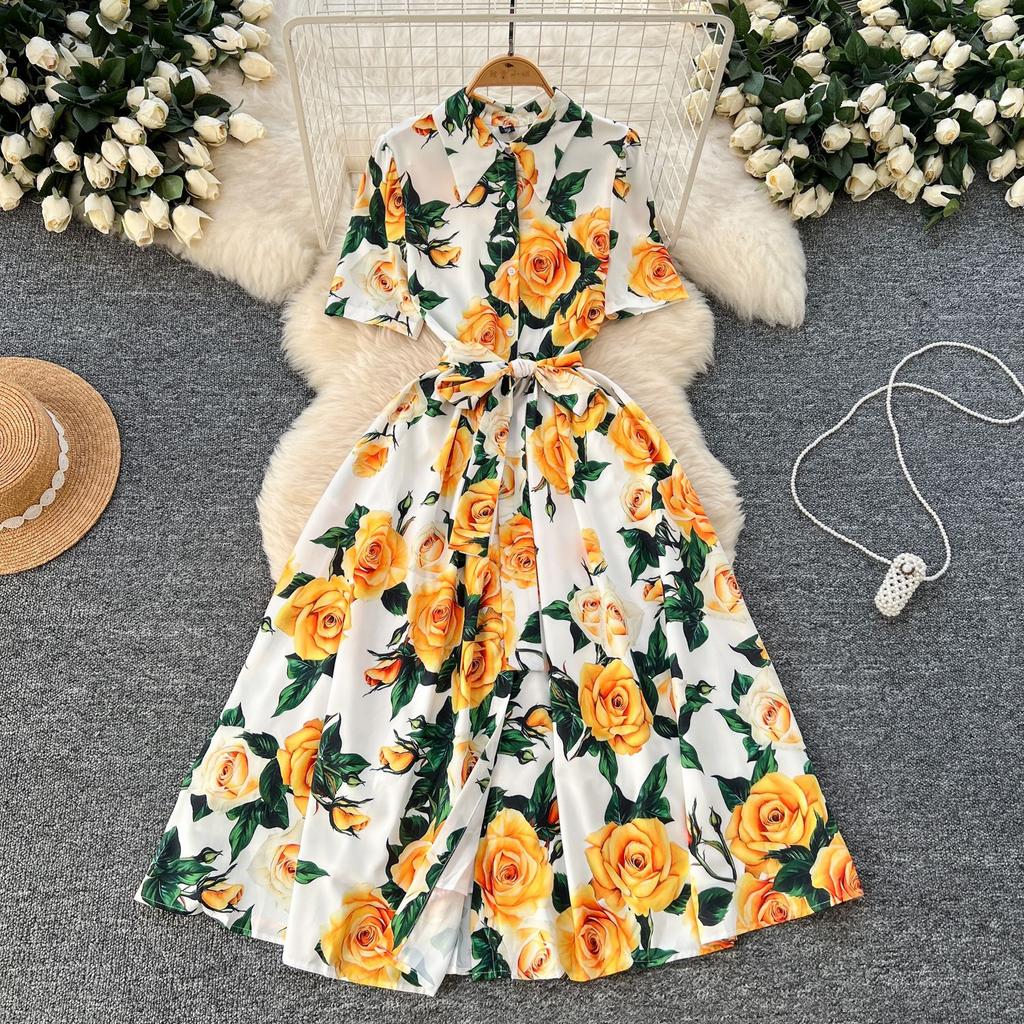French Fashion Elegant Printed Dress Women's Summer Strap Waist Skinny Lapel Short Sleeve Shirt Long Dress