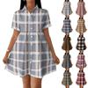 Women’s Casual Loose Fit Shirt Dress Button Front Stand Collar Plaid Pattern Short Sleeve Relaxed Tunic Dress for Daily Wear