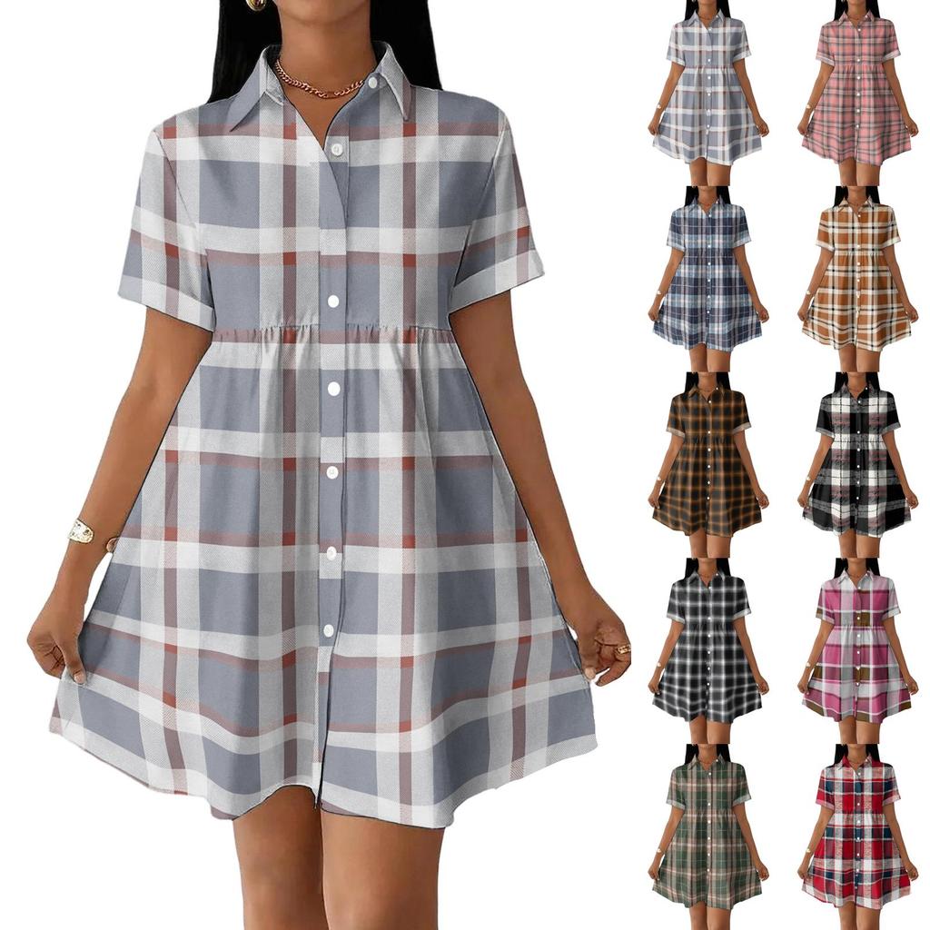 Women’s Casual Loose Fit Shirt Dress Button Front Stand Collar Plaid Pattern Short Sleeve Relaxed Tunic Dress for Daily Wear